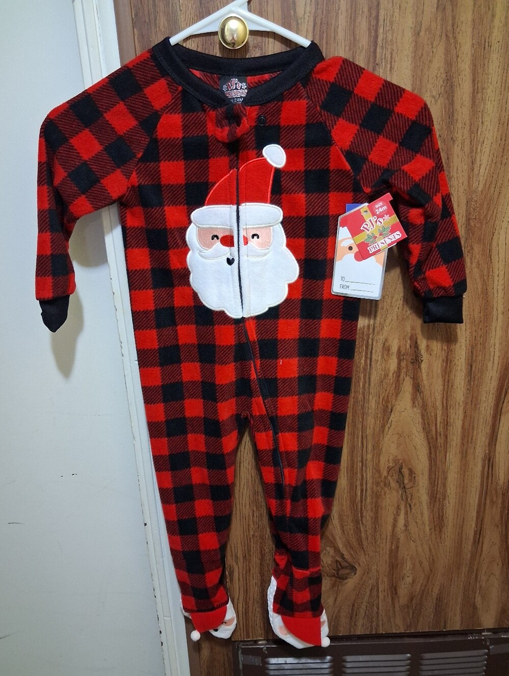 Kids Red and Black Buffalo Plaid Santa One-Piece Pajamas